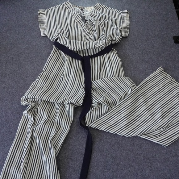 Monteau Other - Monteau Los Angeles Striped Wide Leg Jumpsuit Navy White Wrap Front  Large